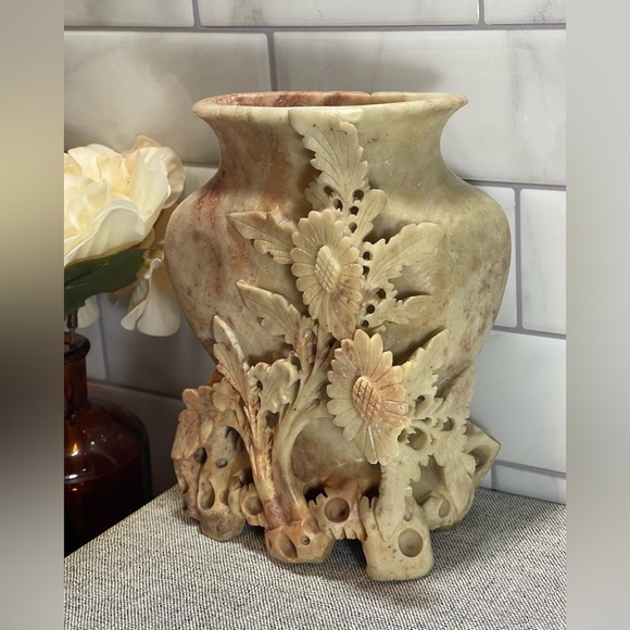 Chinese Carved Soapstone Floral Decorated Sculptural Vase Original Price $375.00 - Picture 2 of 15